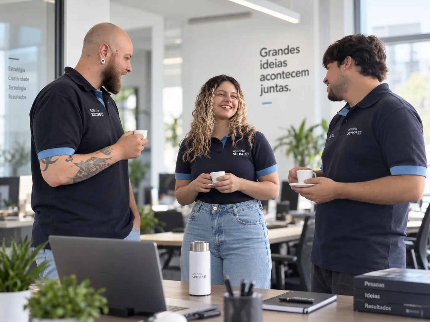 Equipe conversando durante uma pausa para o café
